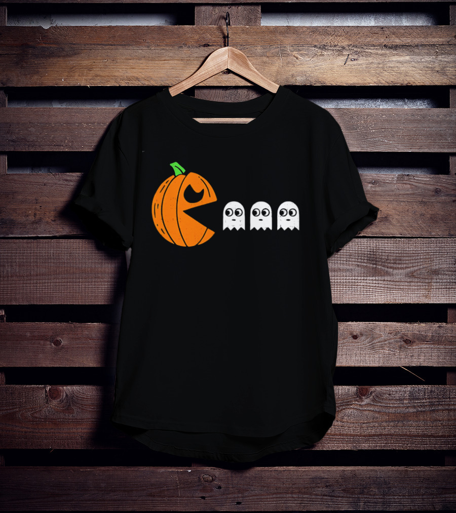 Halloween Pumpkin Pac Man Chasing White Ghosts Distressed Cartoon T-Shirt