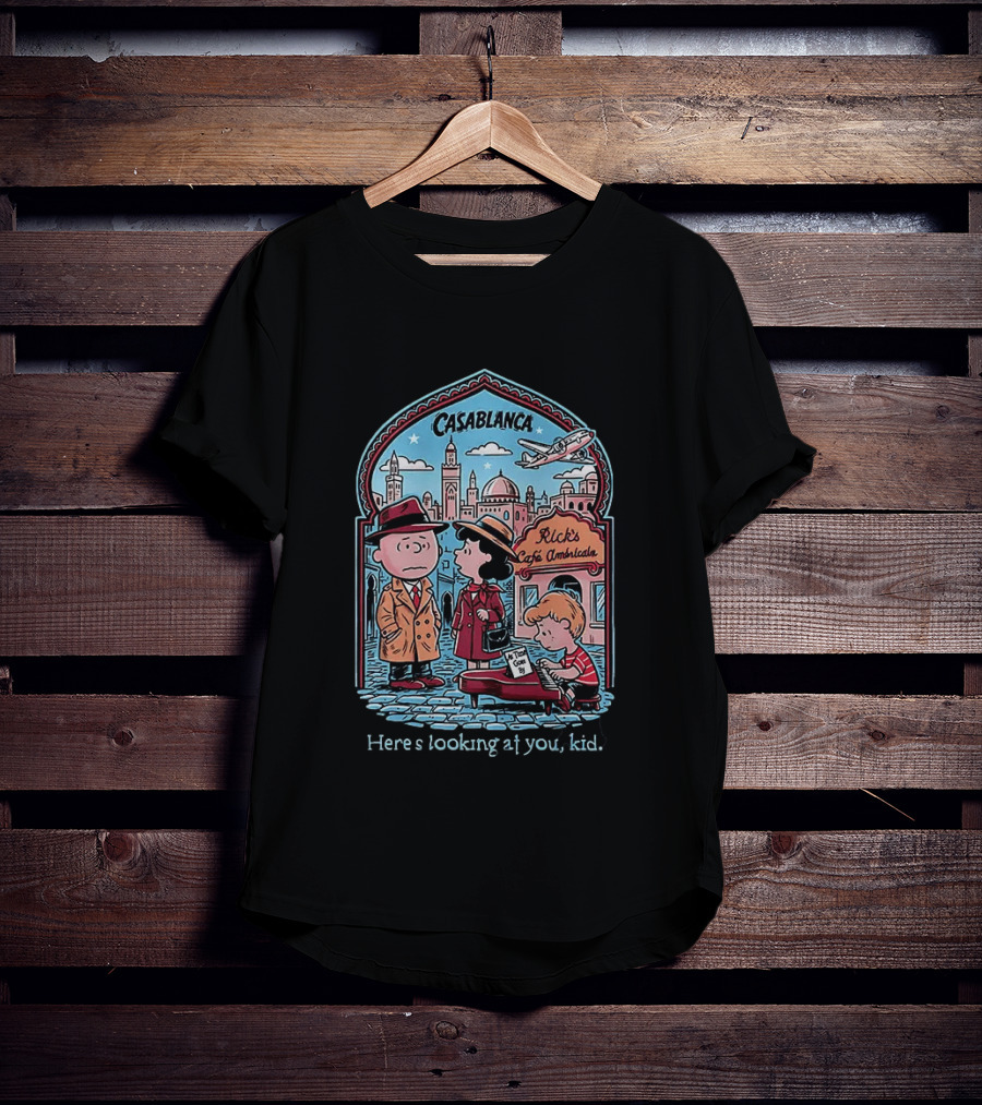Charlie Brown Lucy Linus Peanuts Casablanca Rick's Café Americain Here's Looking At You Kid T-Shirt