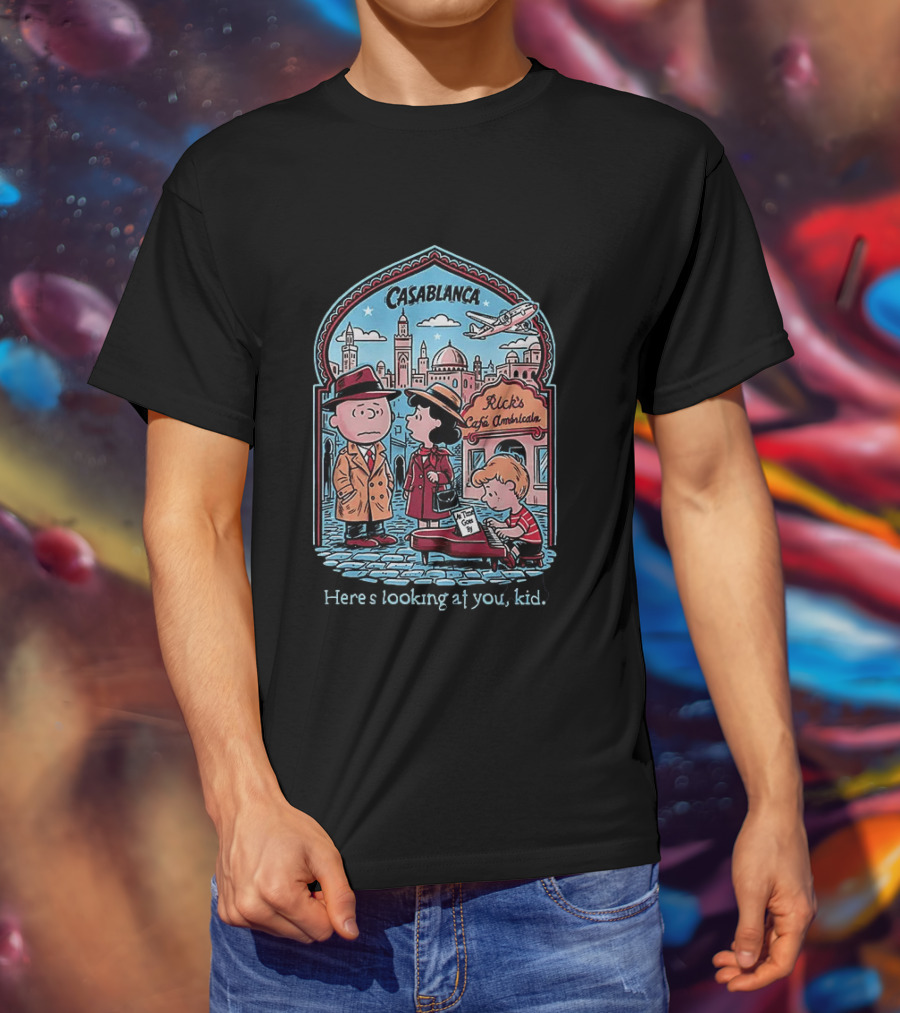 Charlie Brown Lucy Linus Peanuts Casablanca Rick's Café Americain Here's Looking At You Kid T-Shirt