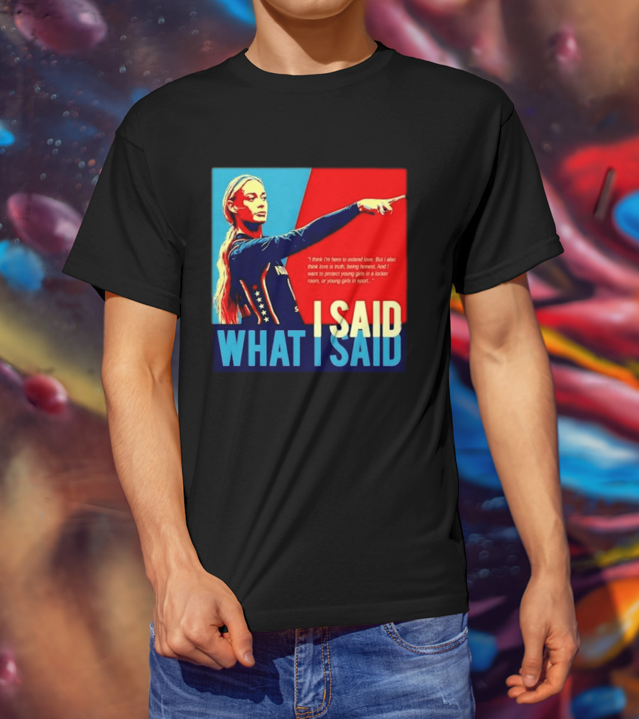 I Said What Blonde Female Athlete Pointing Red Blue Stylized Truth Honesty Protecting Young Girls In Sport T-Shirt