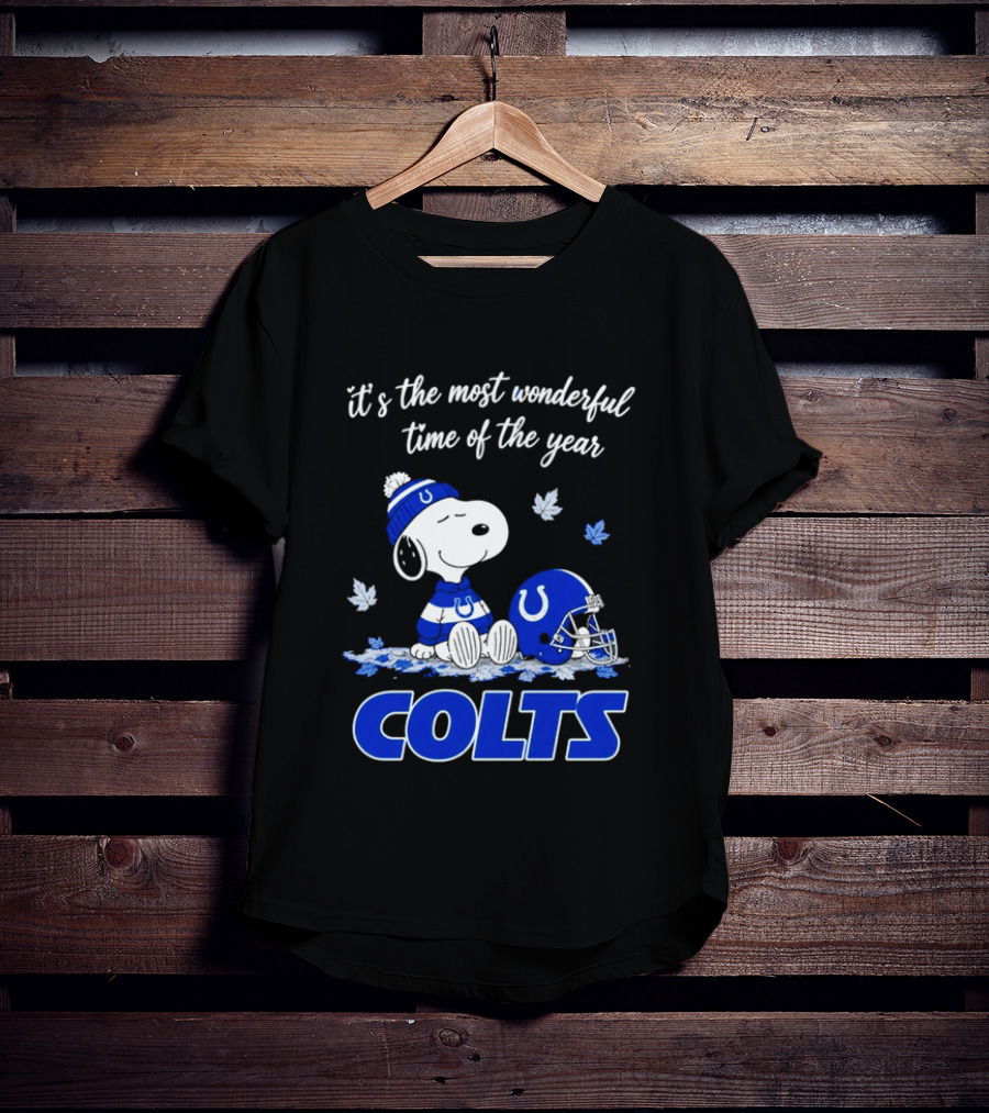 Indianapolis Colts Snoopy Beanie Helmet Leaves It's The Most Wonderful Time Of The Year T-Shirt