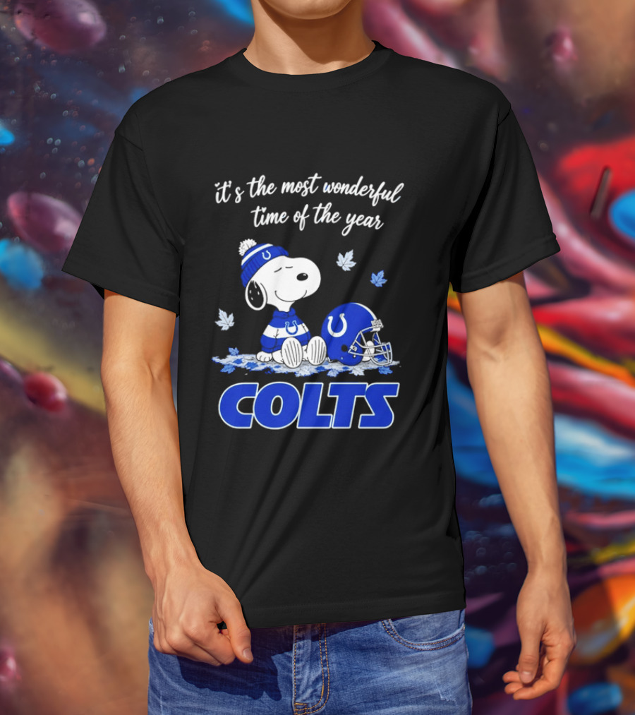 Indianapolis Colts Snoopy Beanie Helmet Leaves It's The Most Wonderful Time Of The Year T-Shirt