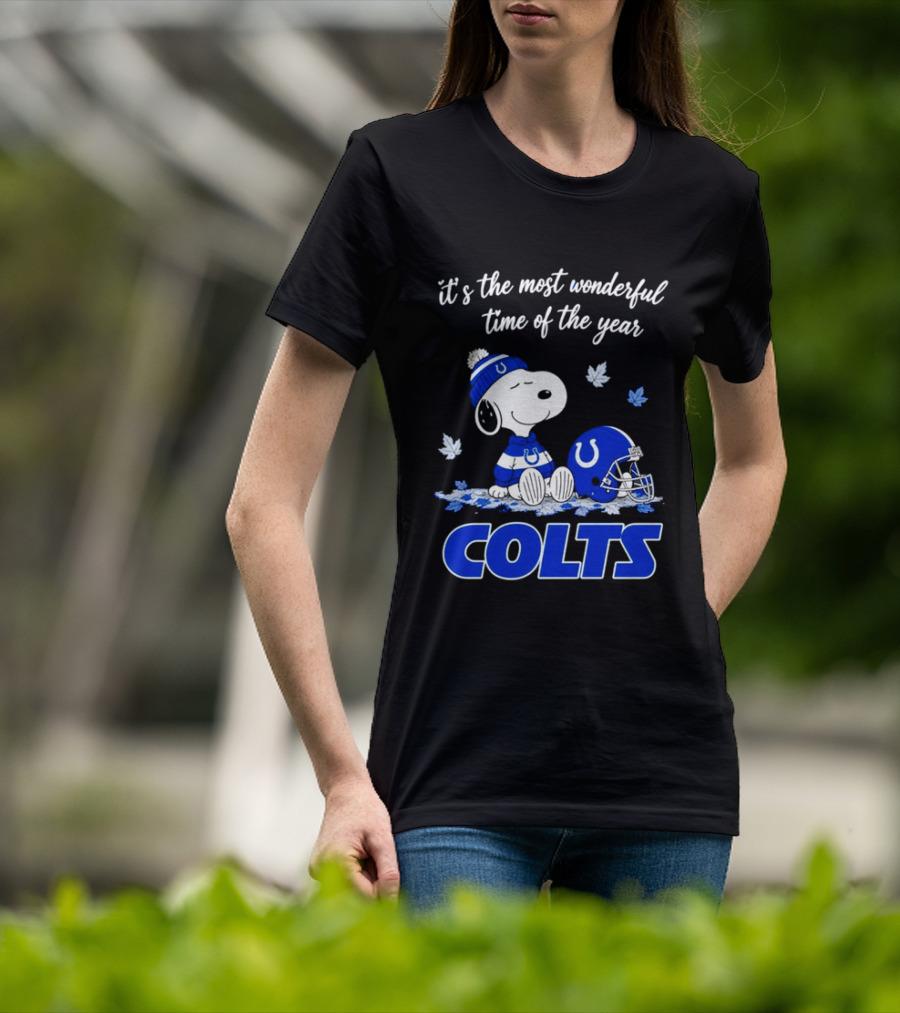 Indianapolis Colts Snoopy Beanie Helmet Leaves It's The Most Wonderful Time Of The Year T-Shirt