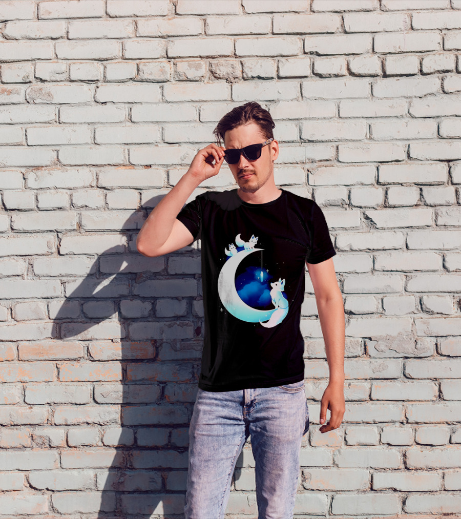Glowing White Arctic Foxes Crescent Moon Crystal Night Sky T-Shirt