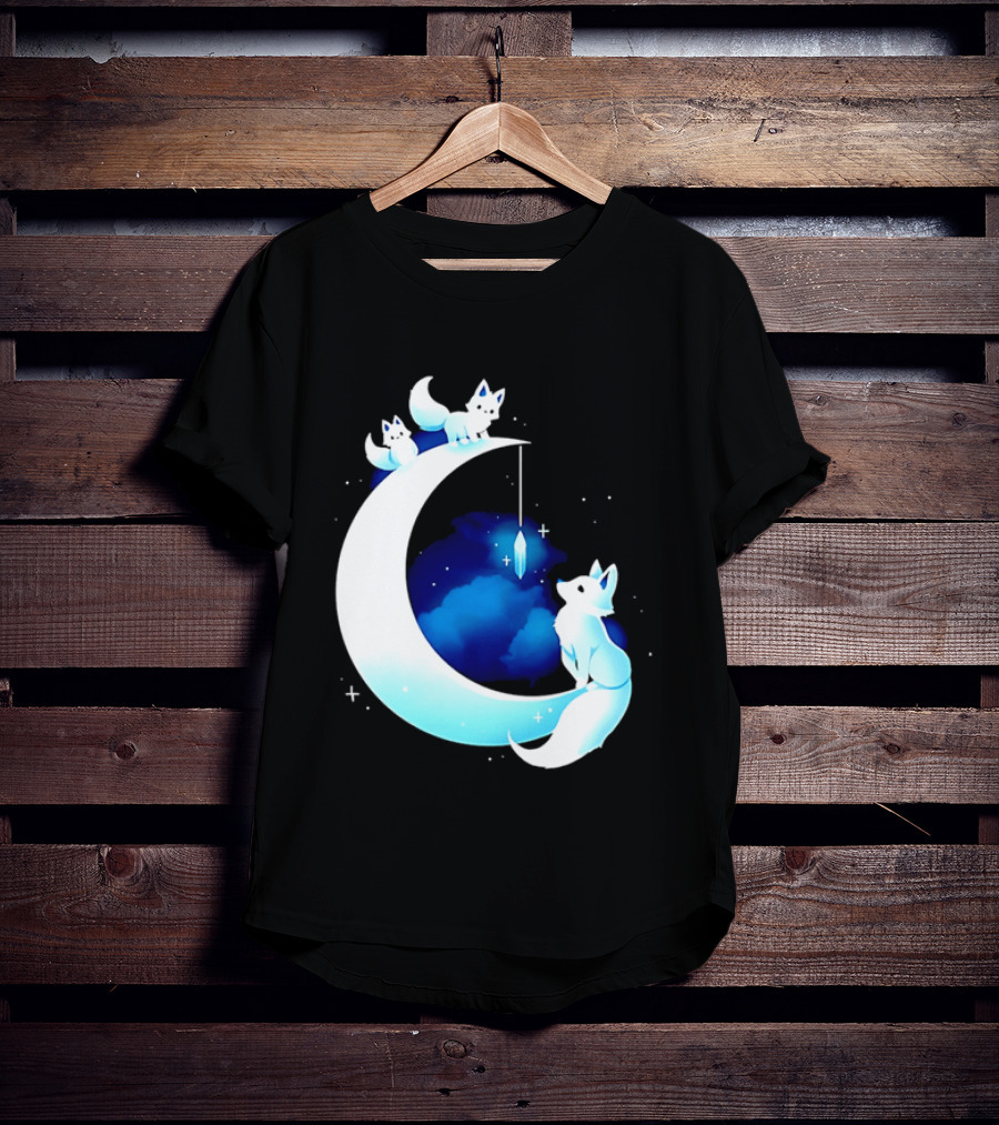 Glowing White Arctic Foxes Crescent Moon Crystal Night Sky T-Shirt