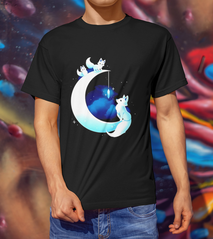 Glowing White Arctic Foxes Crescent Moon Crystal Night Sky T-Shirt