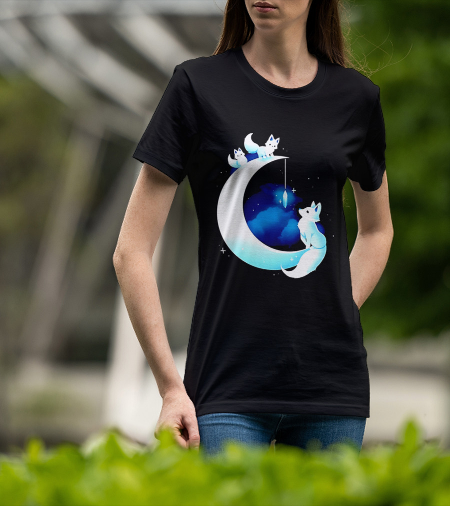 Glowing White Arctic Foxes Crescent Moon Crystal Night Sky T-Shirt