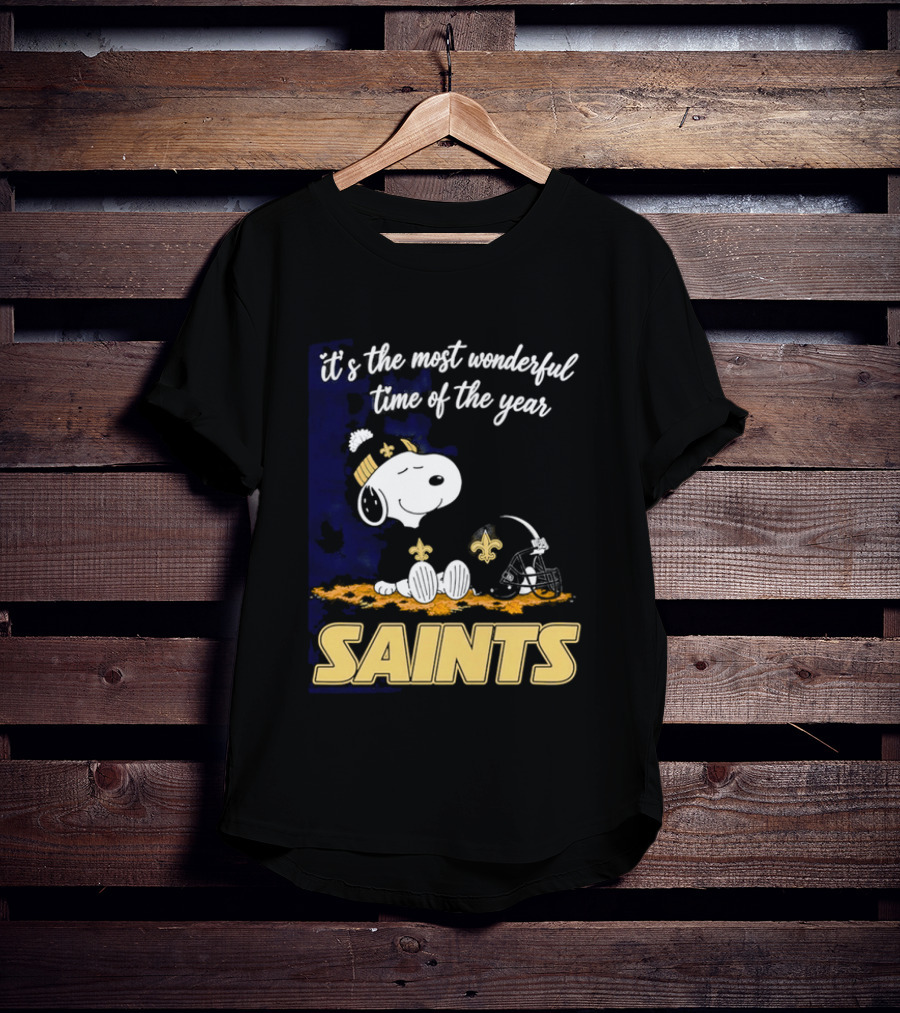 New Orleans Saints Snoopy Beanie Helmet Autumn Leaves Most Wonderful Time Of Year T-Shirt