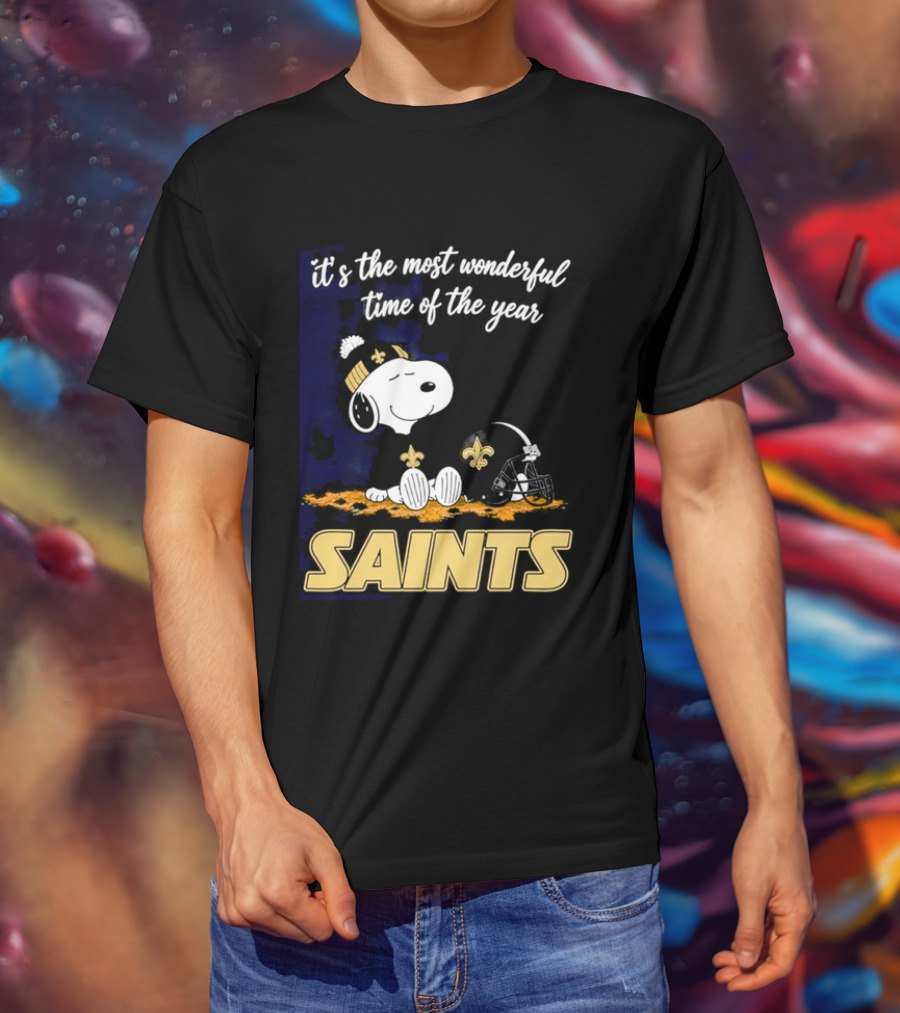 New Orleans Saints Snoopy Beanie Helmet Autumn Leaves Most Wonderful Time Of Year T-Shirt