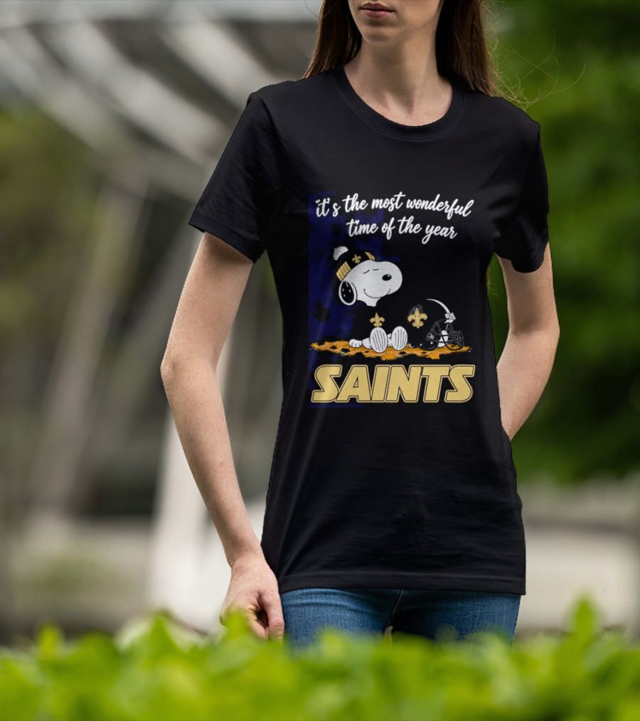 New Orleans Saints Snoopy Beanie Helmet Autumn Leaves Most Wonderful Time Of Year T-Shirt