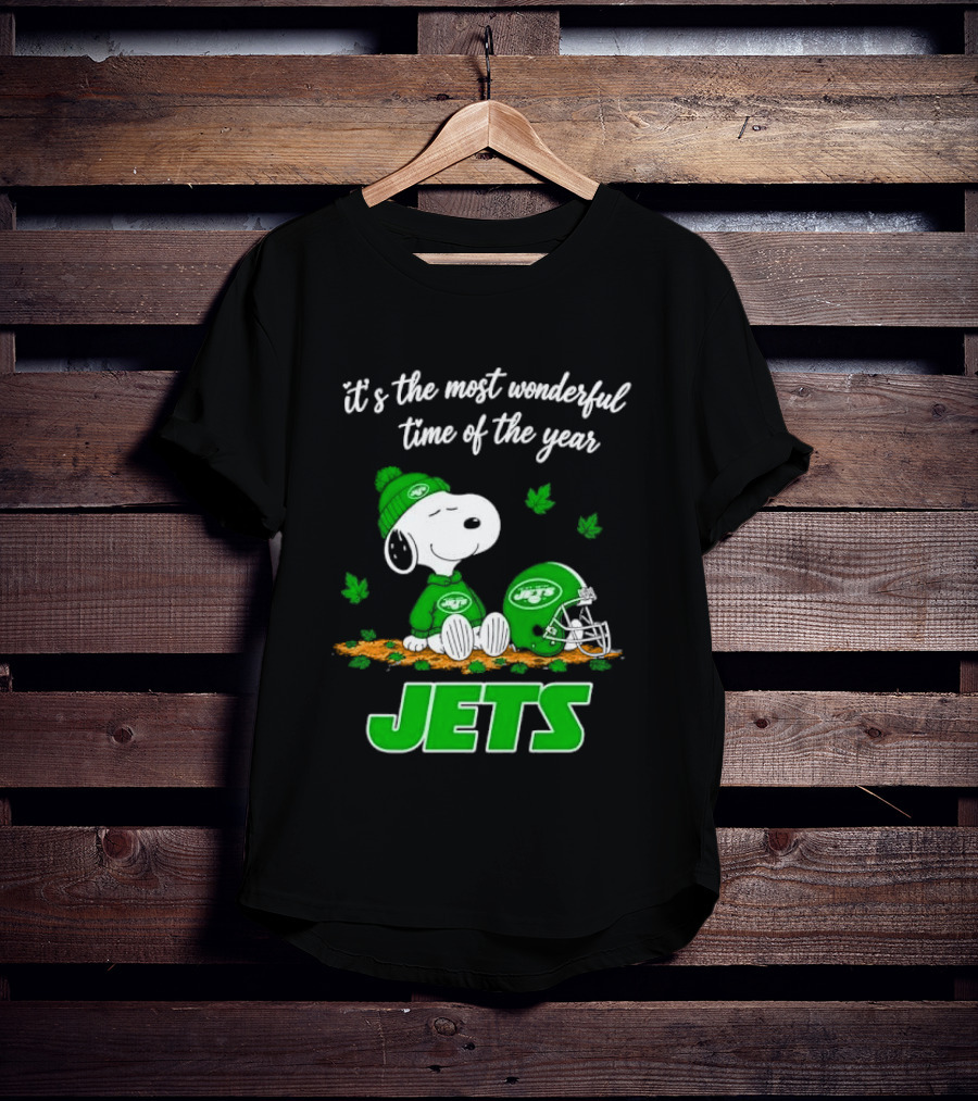 New York Jets It's The Most Wonderful Time Of Year Cartoon Dog Beanie Helmet Autumn Leaves T-Shirt