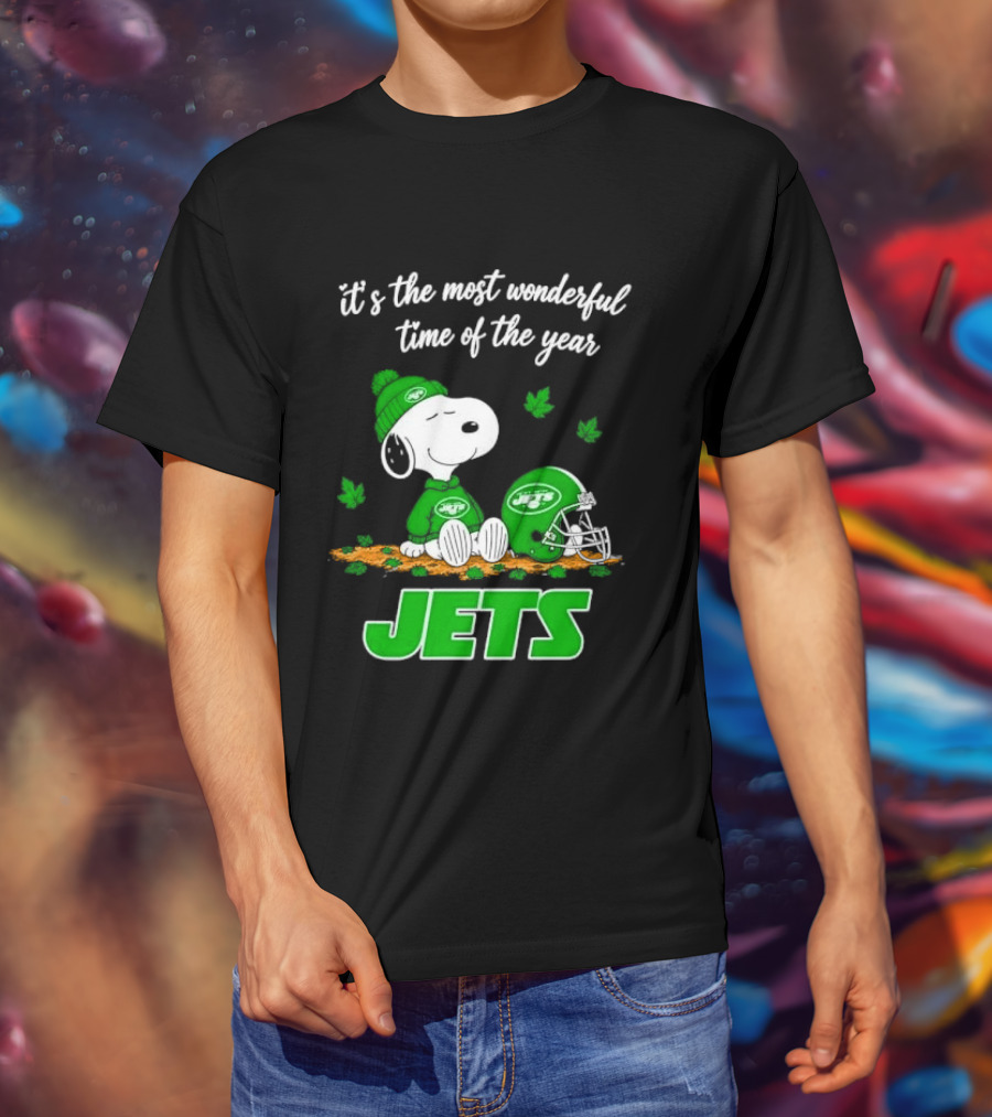 New York Jets It's The Most Wonderful Time Of Year Cartoon Dog Beanie Helmet Autumn Leaves T-Shirt