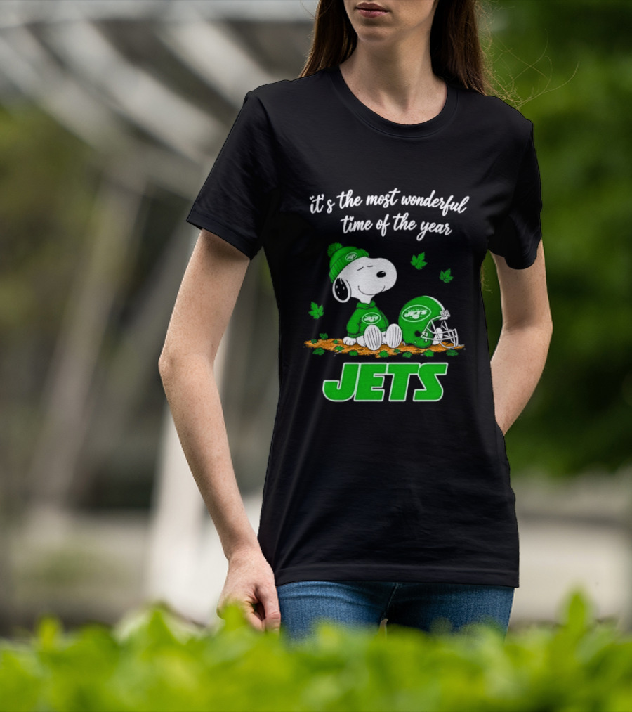 New York Jets It's The Most Wonderful Time Of Year Cartoon Dog Beanie Helmet Autumn Leaves T-Shirt