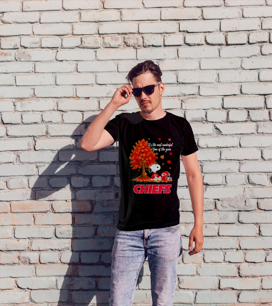 Kansas City Chiefs Snoopy Autumn Tree Football Helmet Most Wonderful Time Of The Year T-Shirt