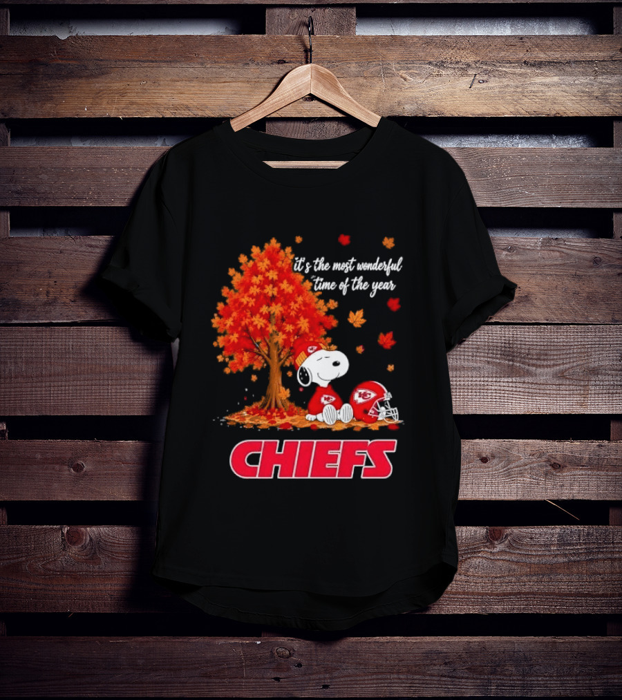 Kansas City Chiefs Snoopy Autumn Tree Football Helmet Most Wonderful Time Of The Year T-Shirt