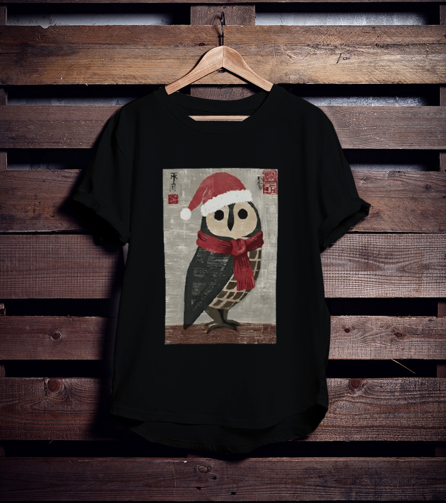 Owl With Red Santa Hat And Scarf Japanese Calligraphy T-Shirt