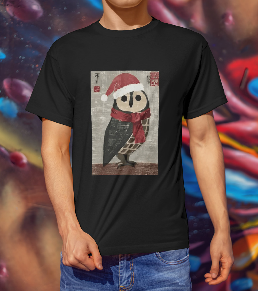 Owl With Red Santa Hat And Scarf Japanese Calligraphy T-Shirt