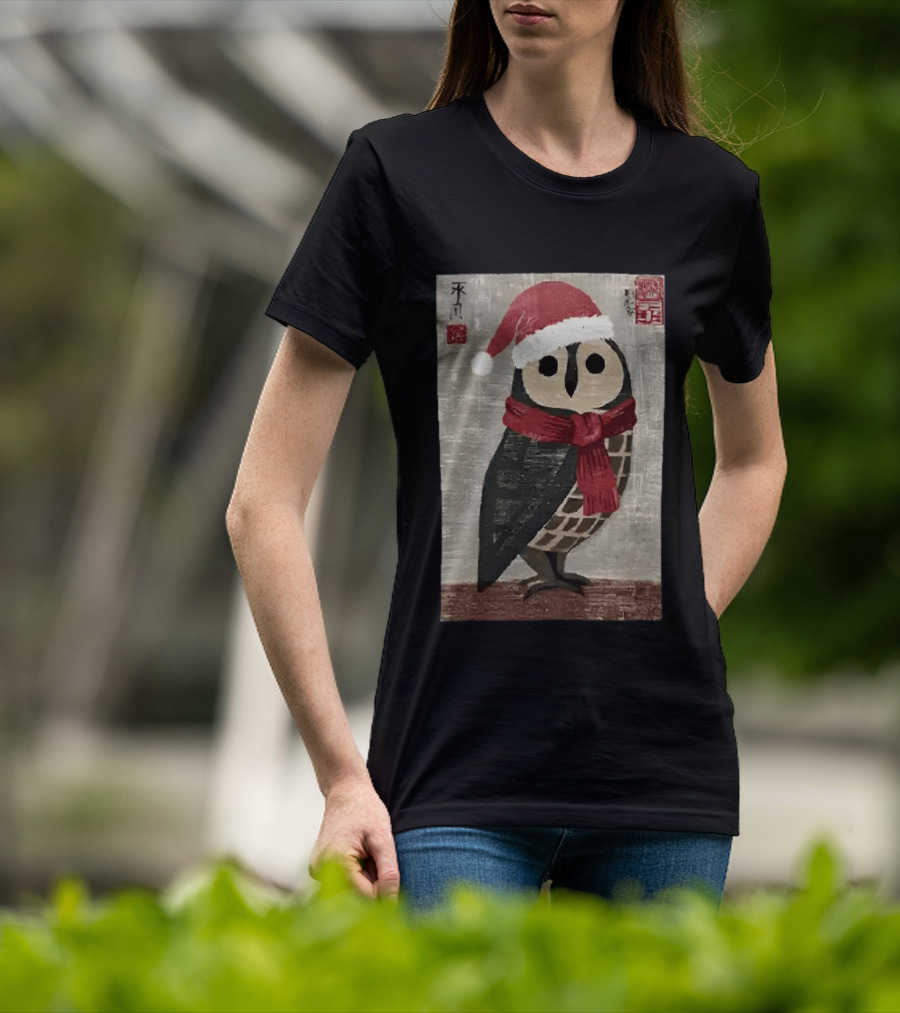 Owl With Red Santa Hat And Scarf Japanese Calligraphy T-Shirt