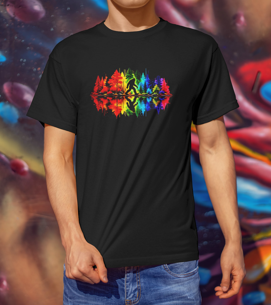 Rainbow Bigfoot Forest Reflection T-Shirt