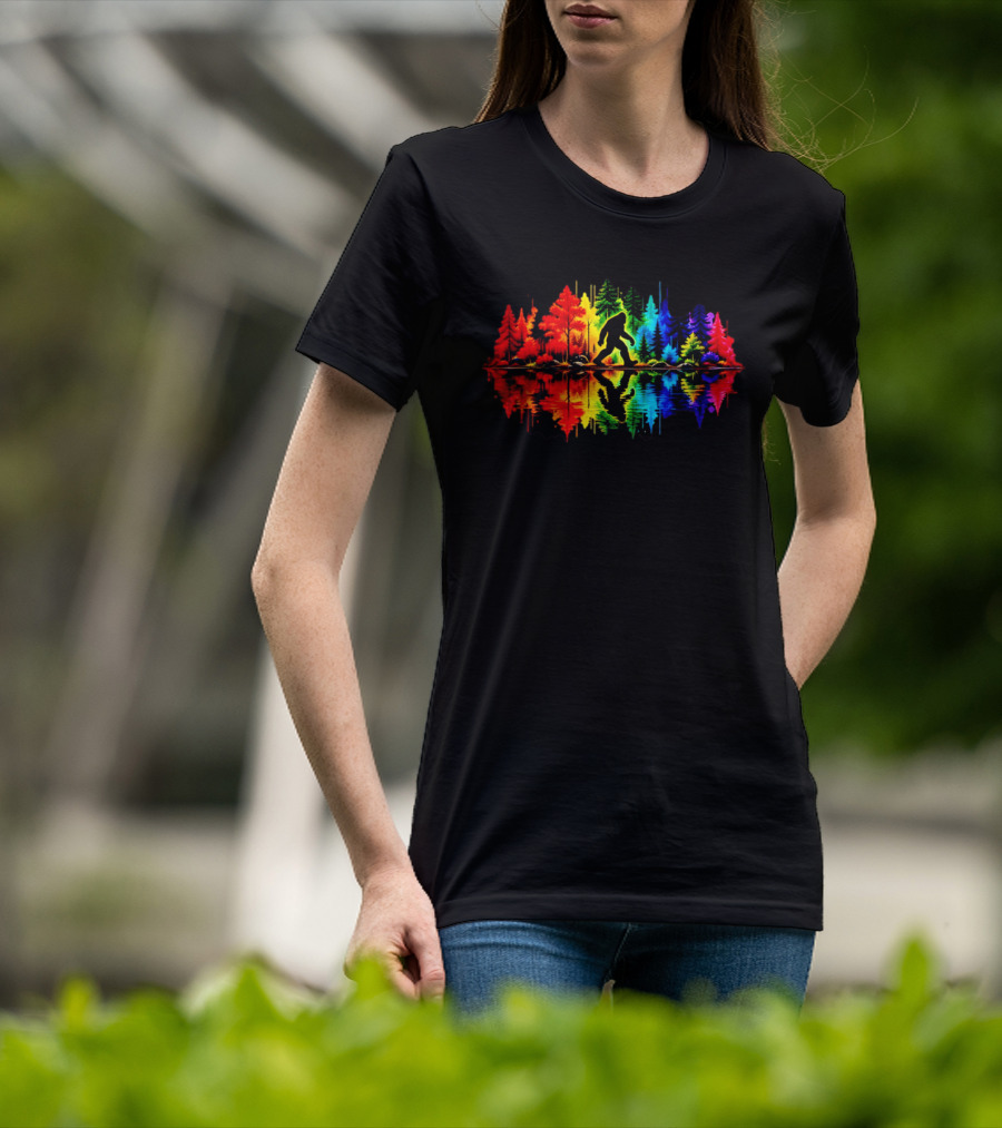 Rainbow Bigfoot Forest Reflection T-Shirt