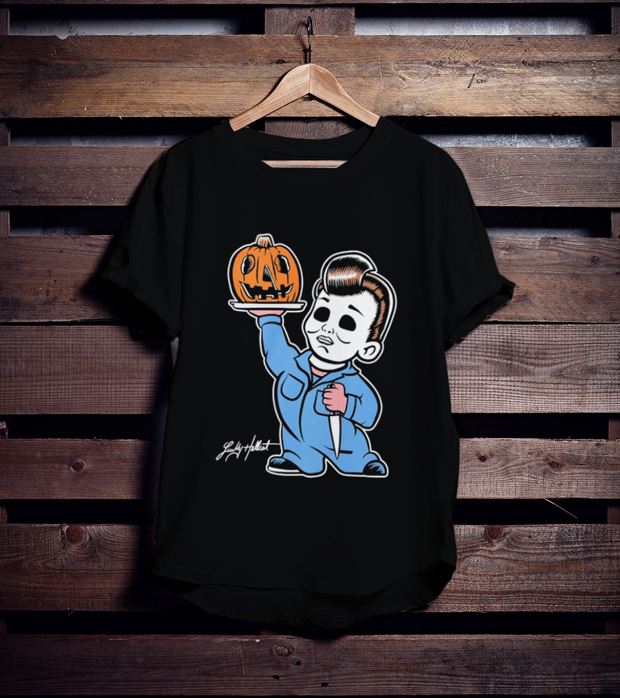 Lucky Hellcat Michael Myers Cartoon Pumpkin Knife Caricature T-Shirt
