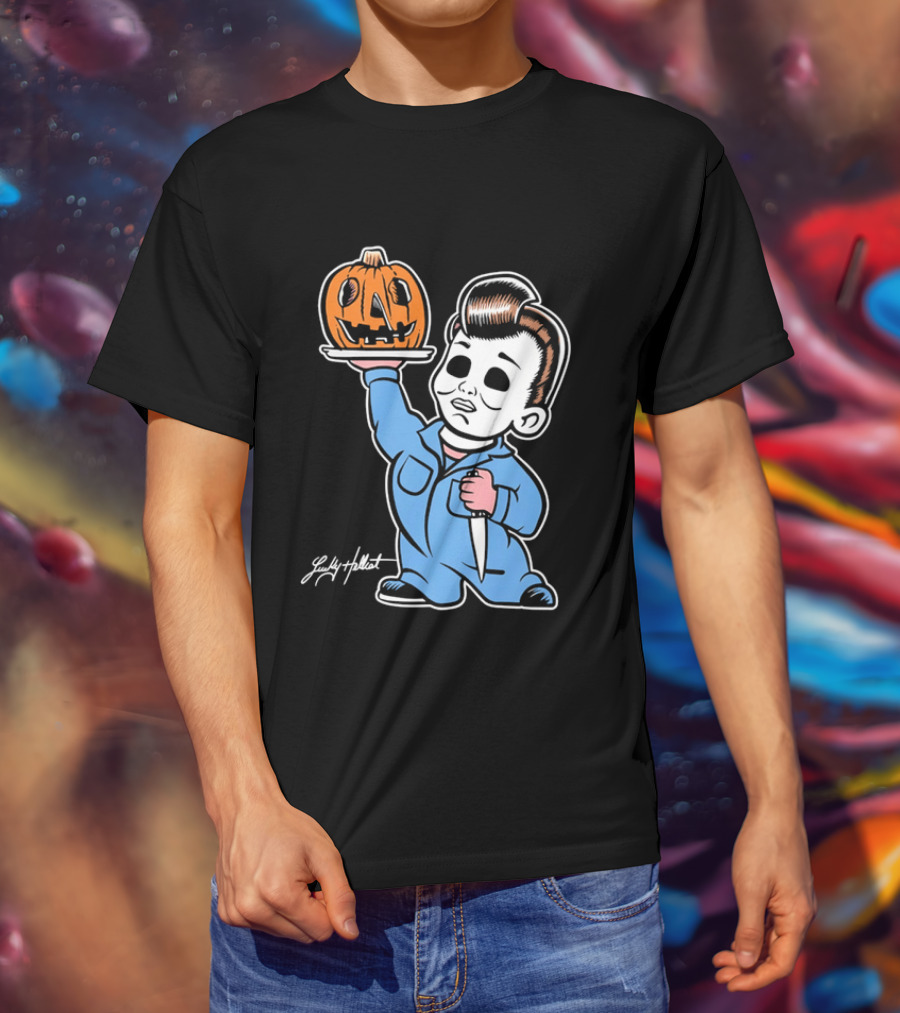 Lucky Hellcat Michael Myers Cartoon Pumpkin Knife Caricature T-Shirt