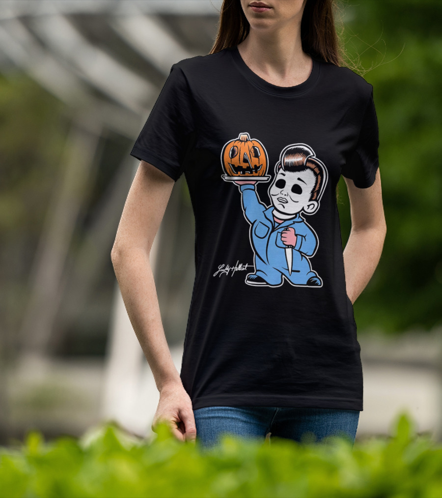 Lucky Hellcat Michael Myers Cartoon Pumpkin Knife Caricature T-Shirt