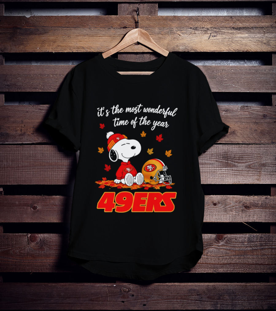 San Francisco 49ers Snoopy Beanie Autumn Leaves Most Wonderful Time T-Shirt