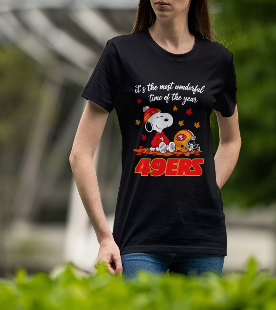 San Francisco 49ers Snoopy Beanie Autumn Leaves Most Wonderful Time T-Shirt