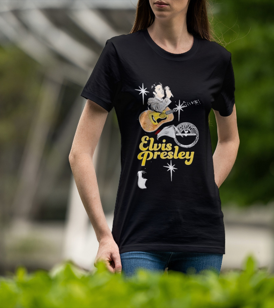 Sun Record Company Elvis Presley Playing Acoustic Guitar Starbursts T-Shirt