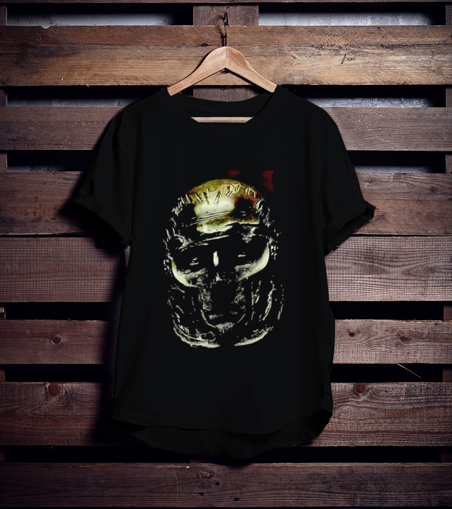 Dark Metallic Sculpted Skull Mask With Stylized Roman T-Shirt