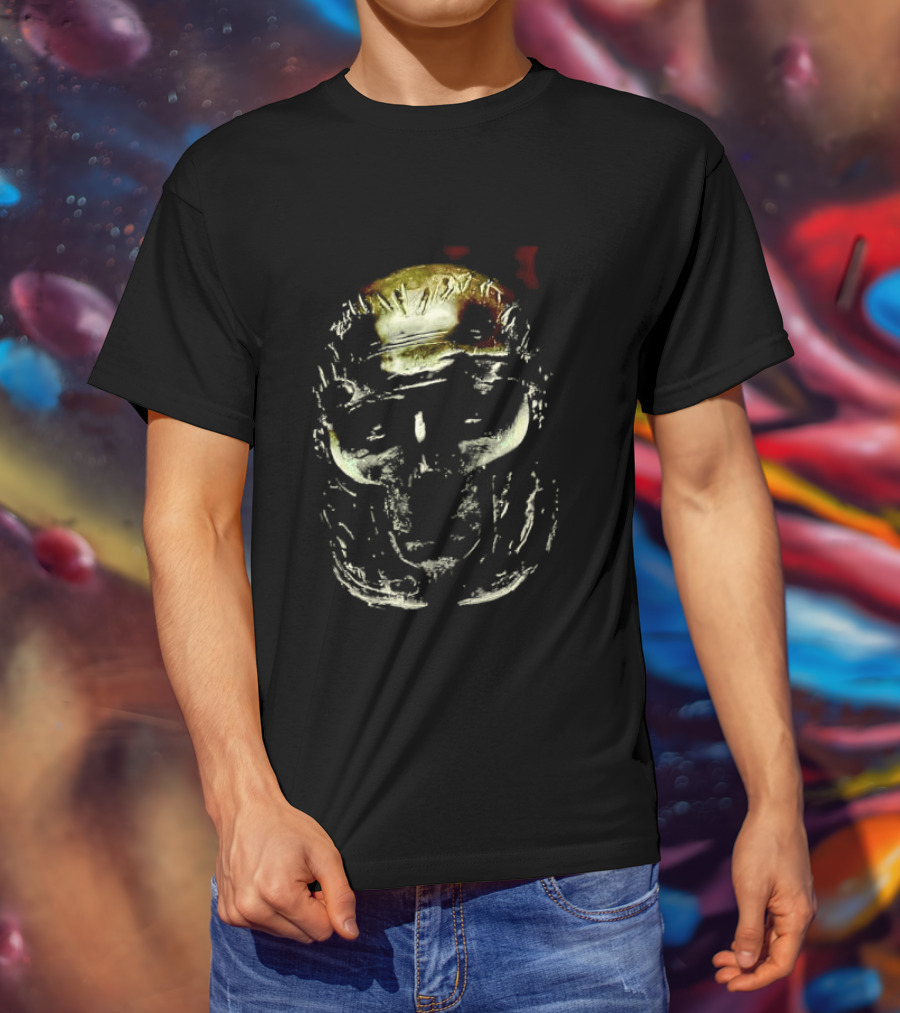Dark Metallic Sculpted Skull Mask With Stylized Roman T-Shirt