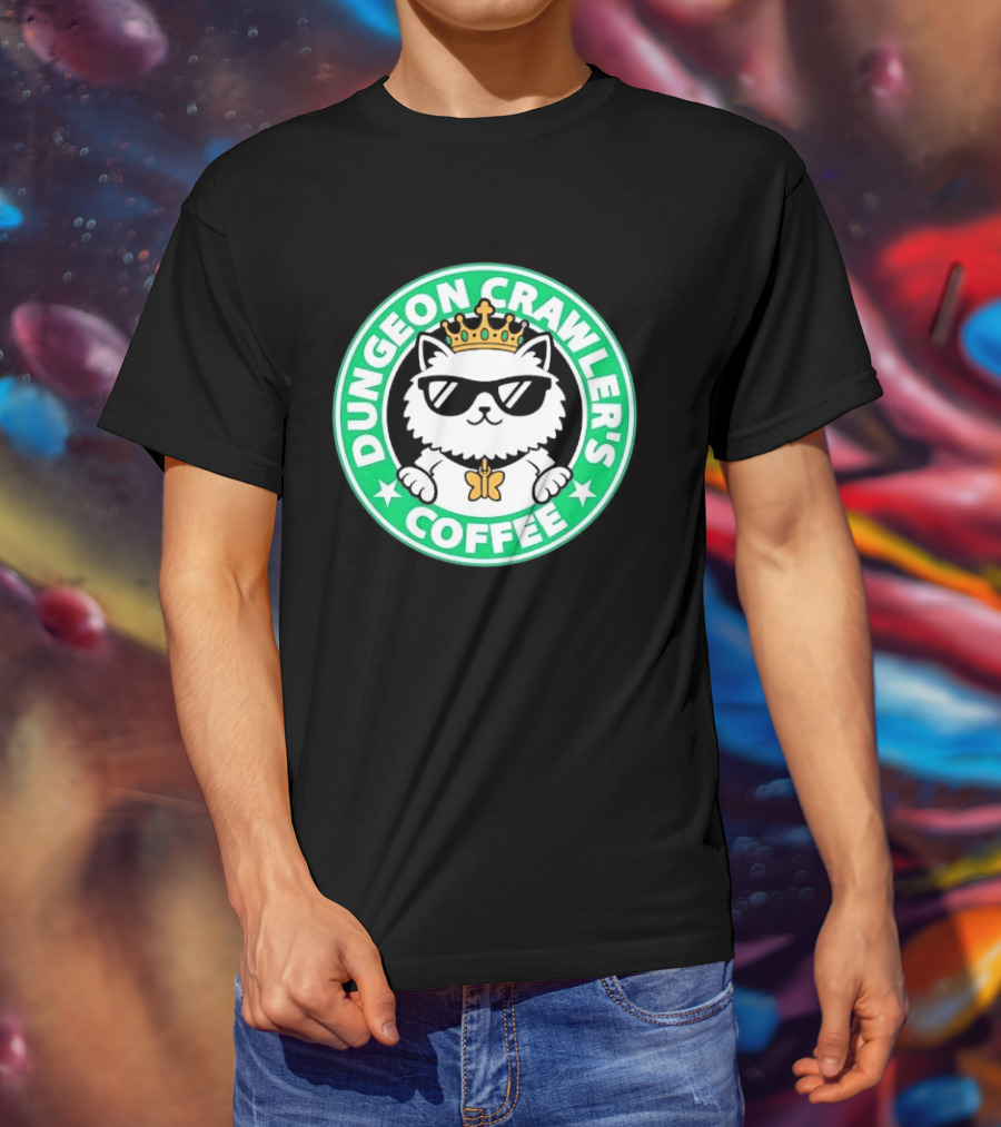 Dungeon Crawlers Coffee White Cat Crown Sunglasses T-Shirt