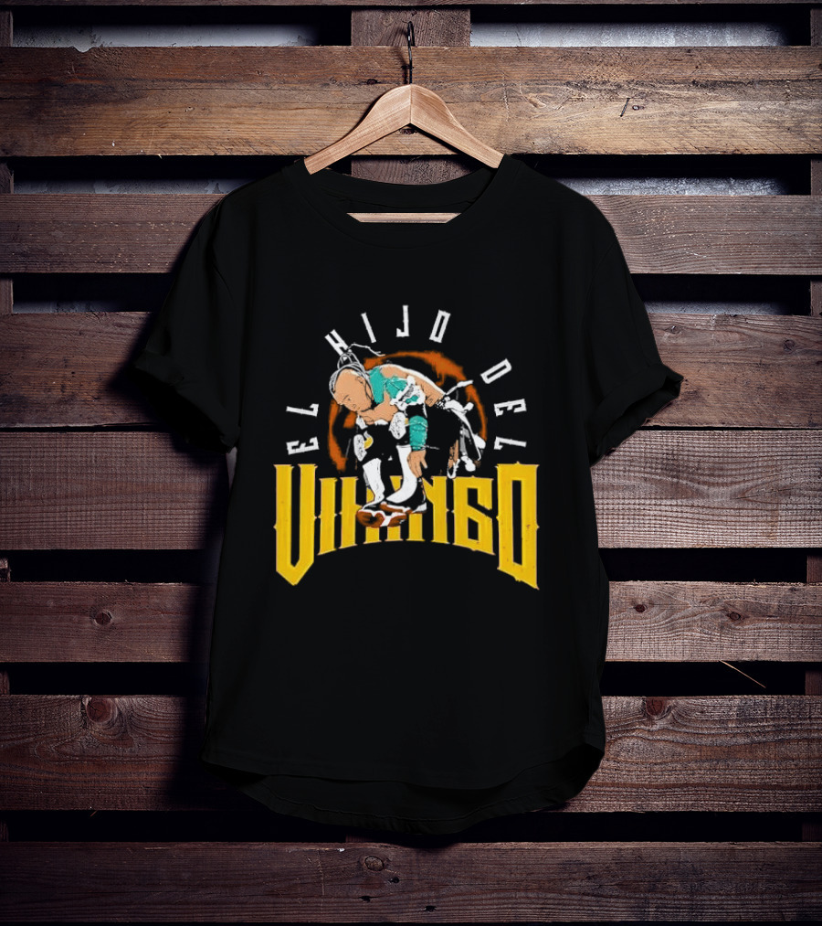 El Hijo Del Vikingo Crouching Wrestler Brown Yellow Text And Image T-Shirt