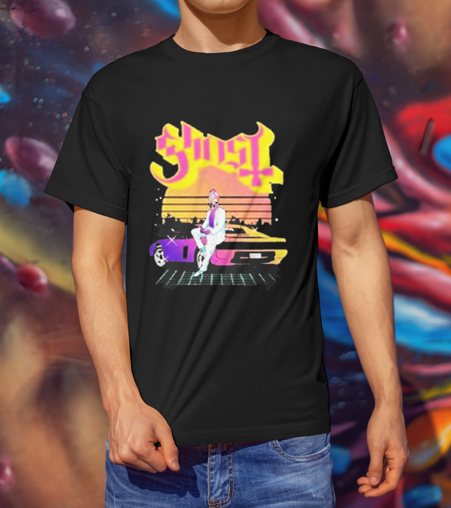 Ghost Miami Vice Retro Sunset Car Scene T-Shirt