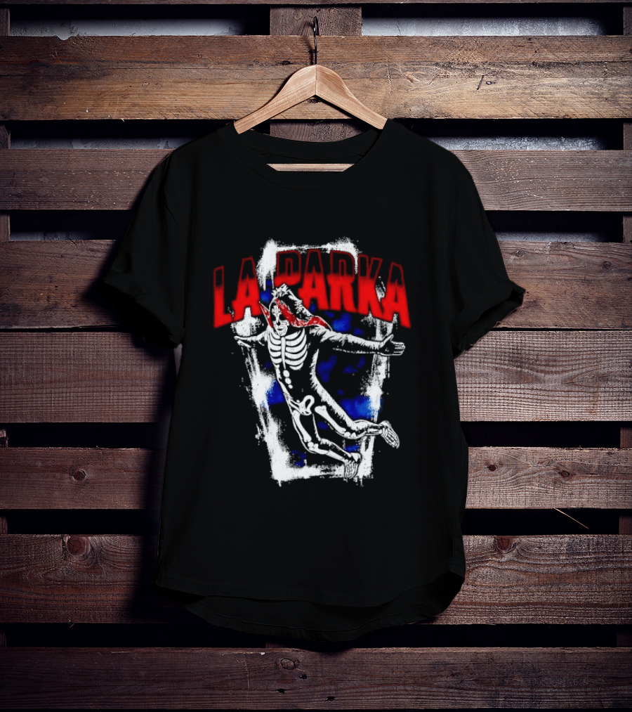 LA Parka Masked Skeleton Wrestler Jumping Distressed Frame T-Shirt