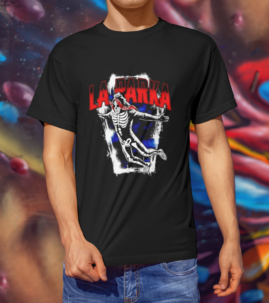 LA Parka Masked Skeleton Wrestler Jumping Distressed Frame T-Shirt