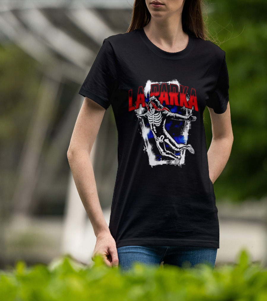 LA Parka Masked Skeleton Wrestler Jumping Distressed Frame T-Shirt