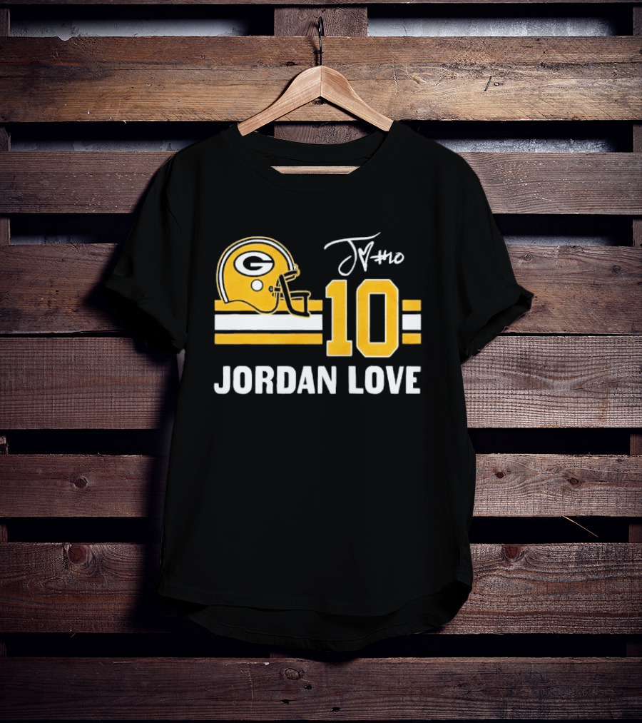 Green Bay Packers Jordan Love 10 Helmet Stripes JM Signature Distressed T-Shirt