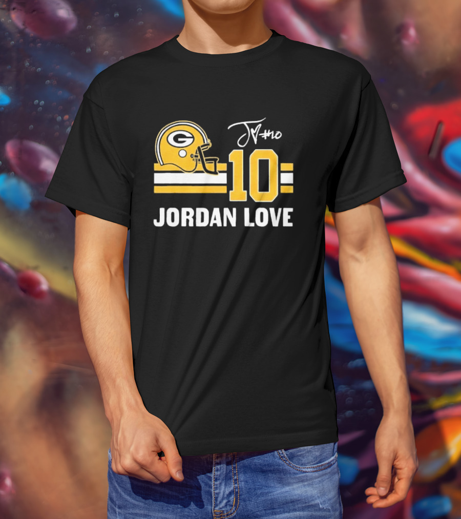Green Bay Packers Jordan Love 10 Helmet Stripes JM Signature Distressed T-Shirt