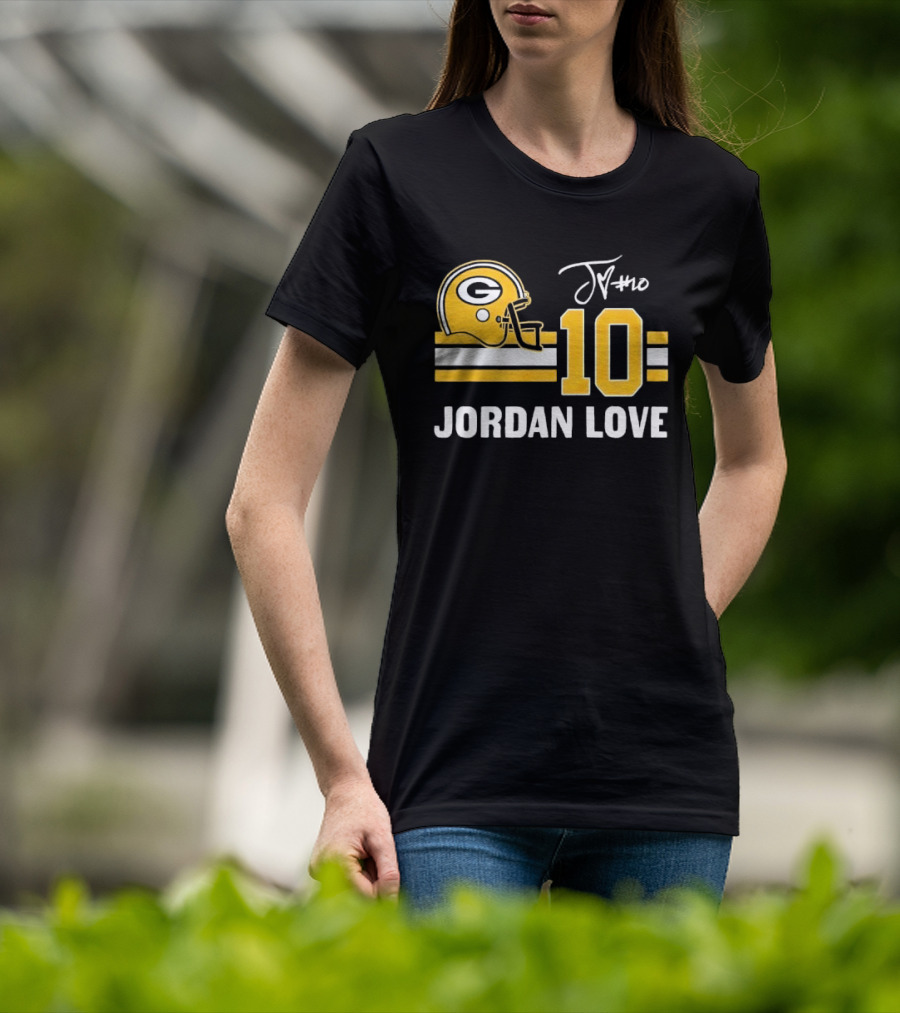 Green Bay Packers Jordan Love 10 Helmet Stripes JM Signature Distressed T-Shirt