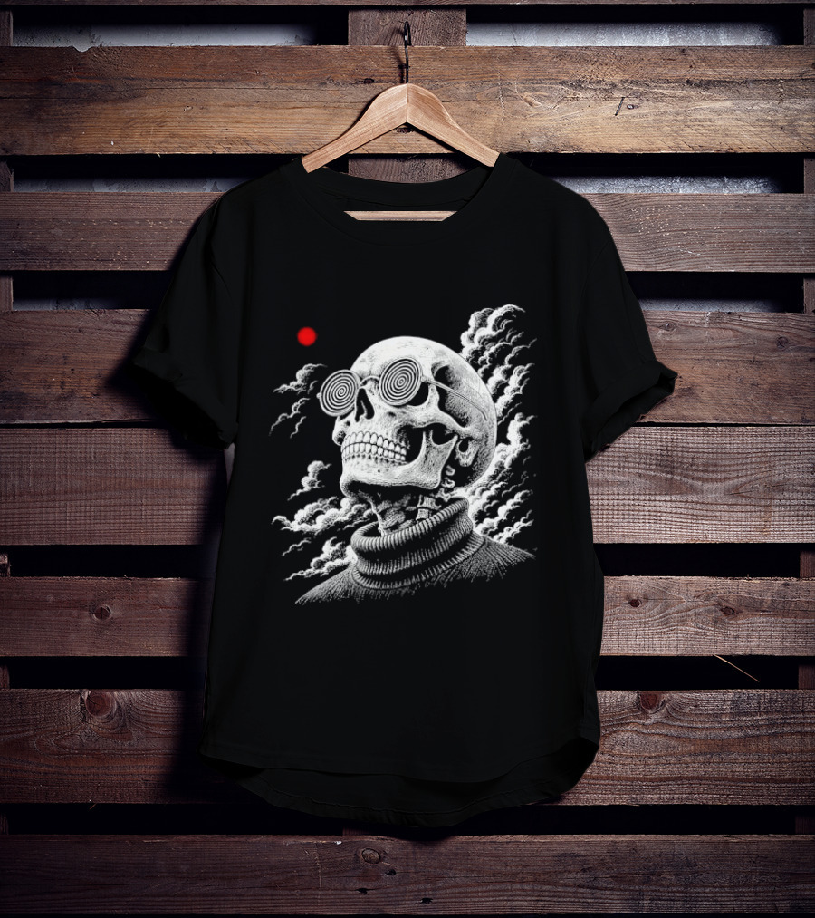 Line Skull Hypnotic Glasses Turtleneck Red Sun Clouds T-Shirt
