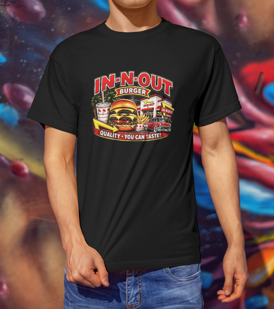 In N Out Burger Quality You Can Taste Palm Trees Classic Car Hamburger Fries Retro Restaurant Scene T-Shirt