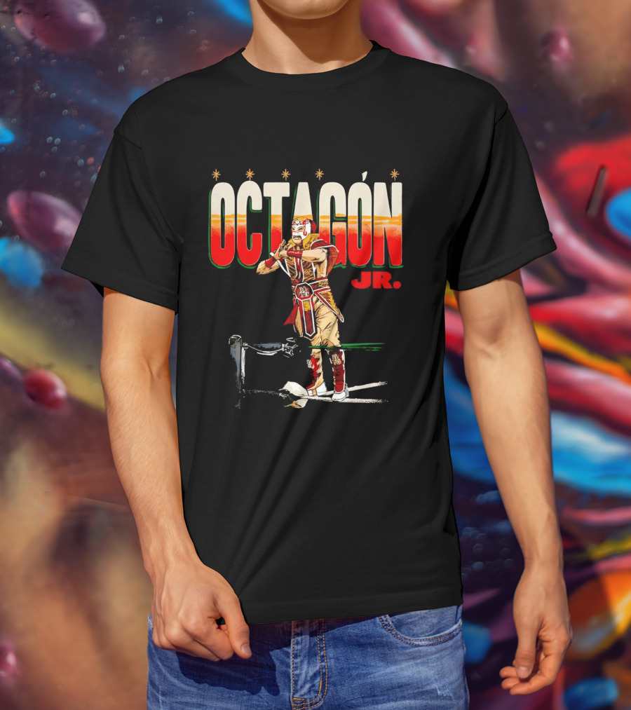 Octagon Jr Masked Lucha Libre Wrestler Ring Ropes Stars Distressed T-Shirt