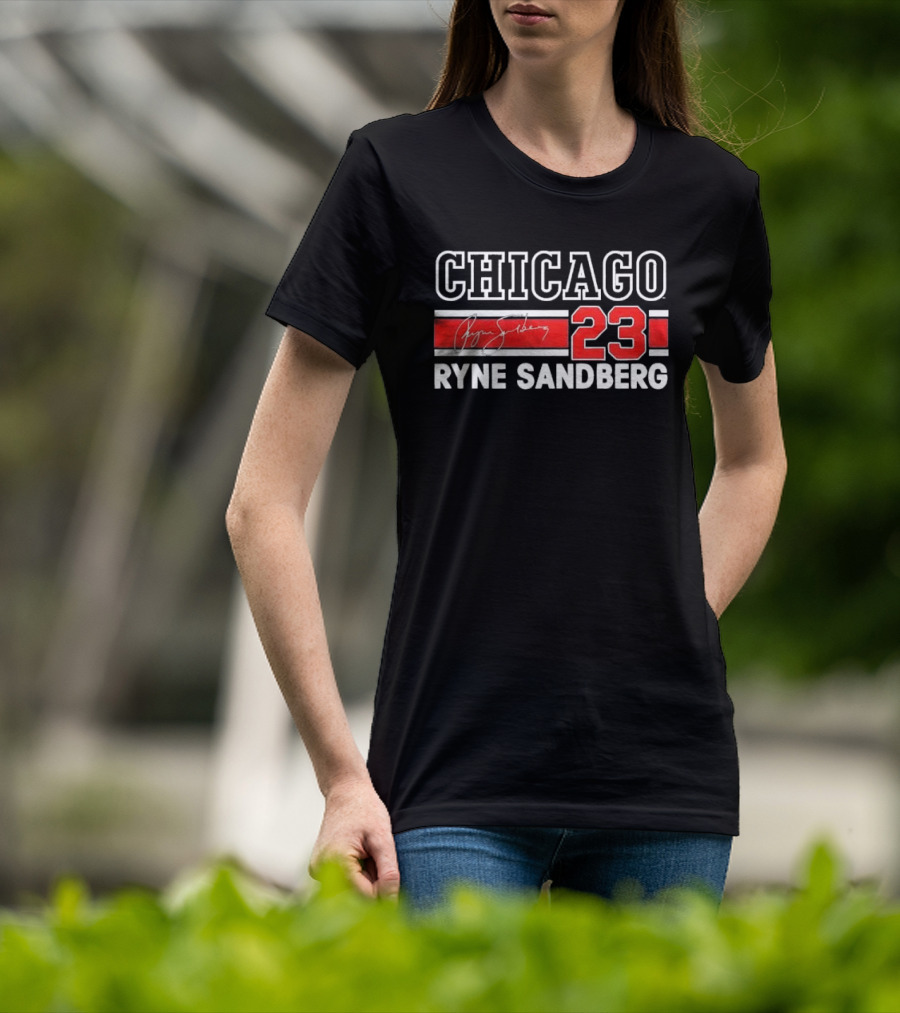Chicago Cubs Ryne Sandberg 23 Red White Horizontal Stripes Distressed T-Shirt