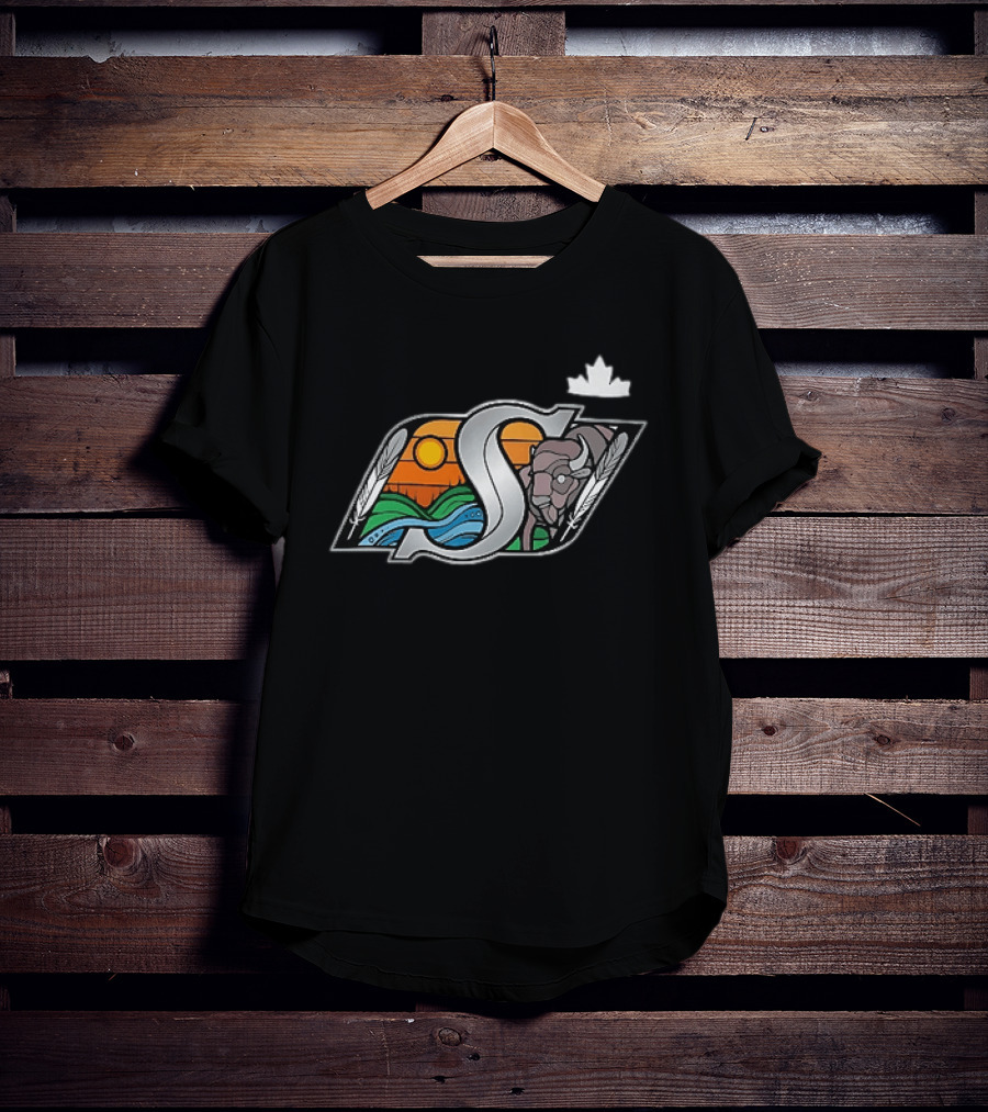 Saskatchewan Roughriders 2025 Indigenous Heritage Special Buffalo Sunrise Feather River T-Shirt