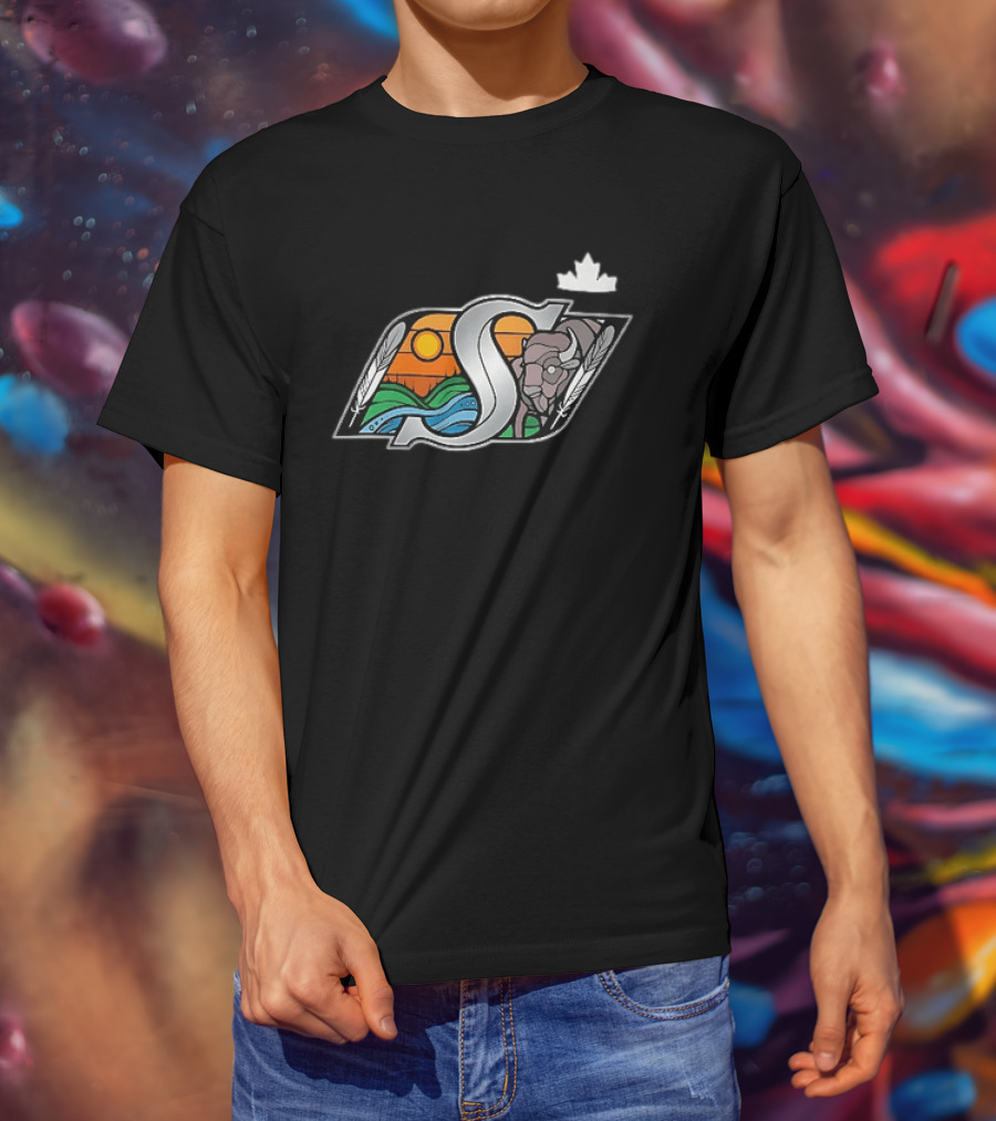 Saskatchewan Roughriders 2025 Indigenous Heritage Special Buffalo Sunrise Feather River T-Shirt