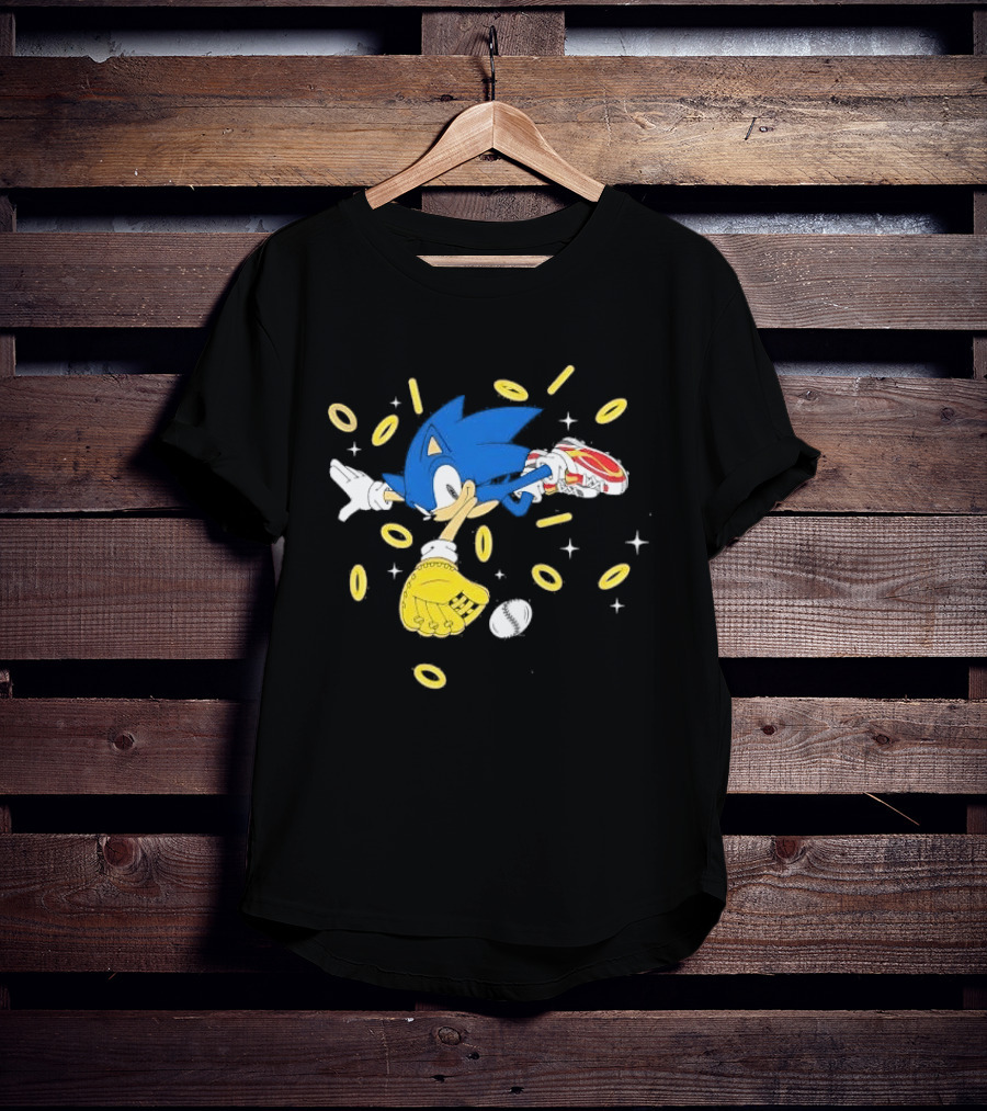 The Hedgehog Running Collecting Rings With Baseball Glove And Ball T-Shirt