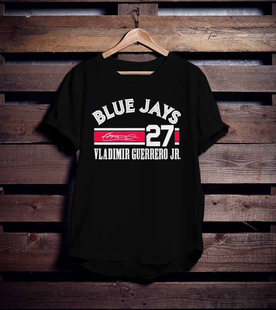 Blue Jays Vladimir Guerrero Jr 27 Red Stripe Signature Distressed T-Shirt