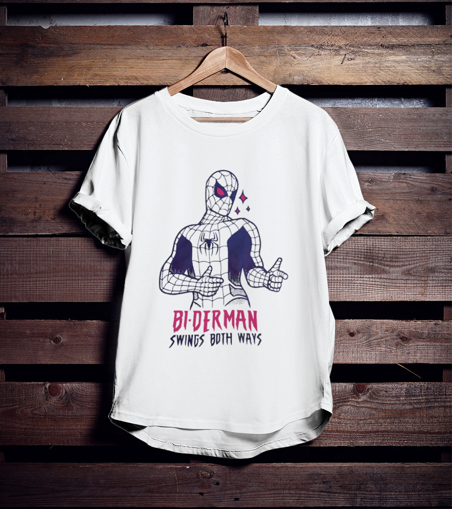 Bi Derman Swings Both Ways Spider Man LGBTQ Superhero T-Shirt
